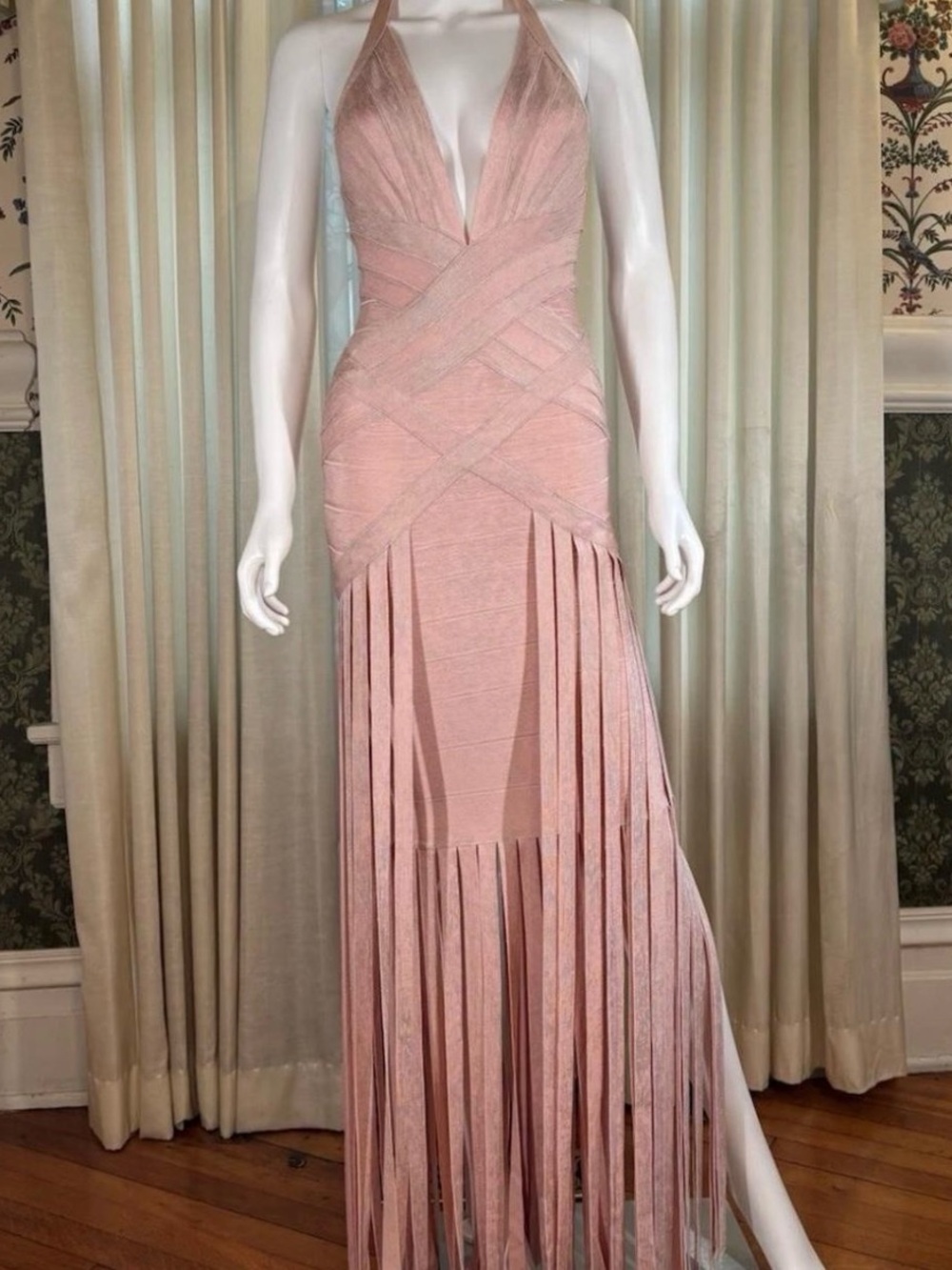 Herve Leger Blush Pink Halter Fringe Maxi Bandage Dress